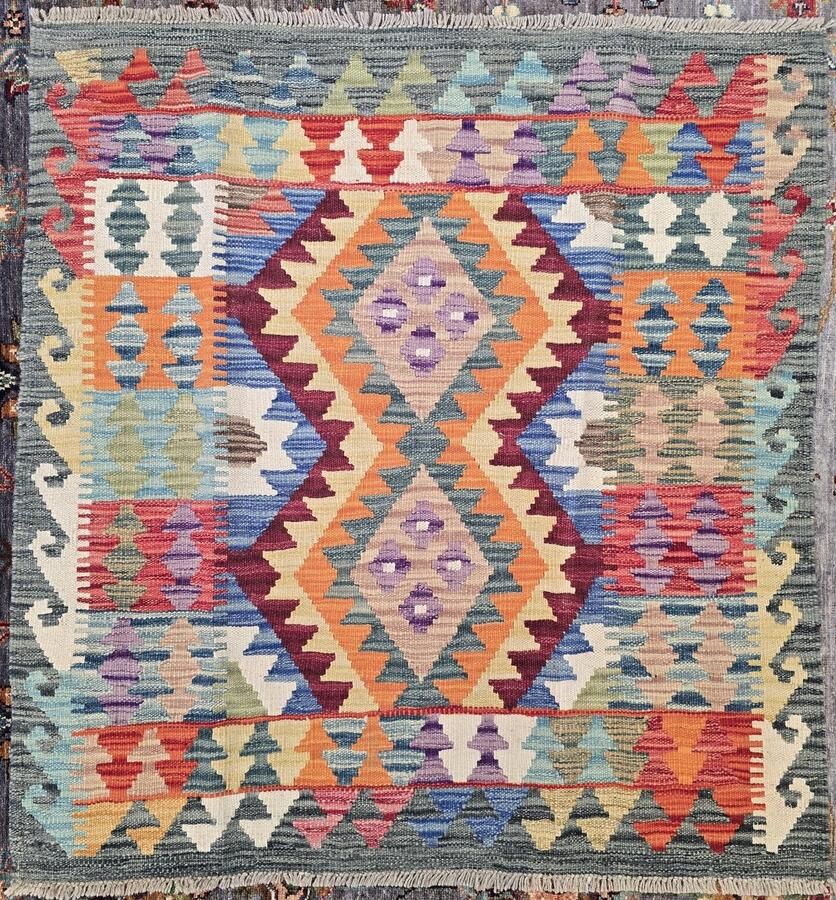 Nazaritapijten.com Kelim Afghaans Authentiek Uniek Origineel Kleurrijk Tapijt Hoogpolig Handgeweven Wollen Vloerkleed -Maat 98 x 101 cm ID K-477 Nazari Tapijten Schoorl NL