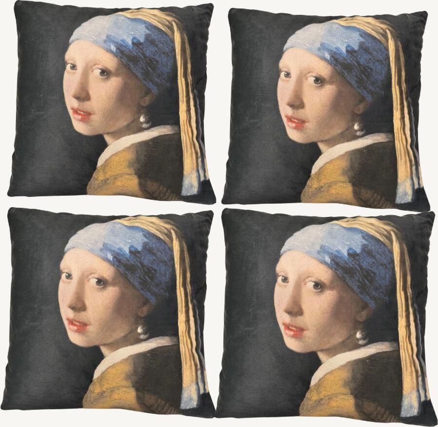 Nazaritapijten.com Zenxhome 4 stuks Sierkussen 40x40 cm Meisje met de Parel Decoratief Kussen Inclusief Vulling Luxe Design Kussen voor Bank Sofa en Woonkamer Kunst Kussen