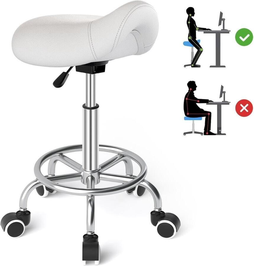 NbyMe Zadelkruk op Wielen Kapperskruk Ergonomisch Tabouret Wit