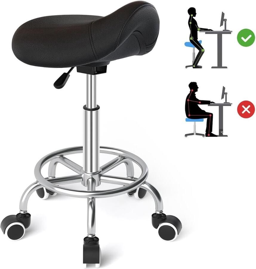 NbyMe Zadelkruk op Wielen Kapperskruk Ergonomisch Tabouret Zwart