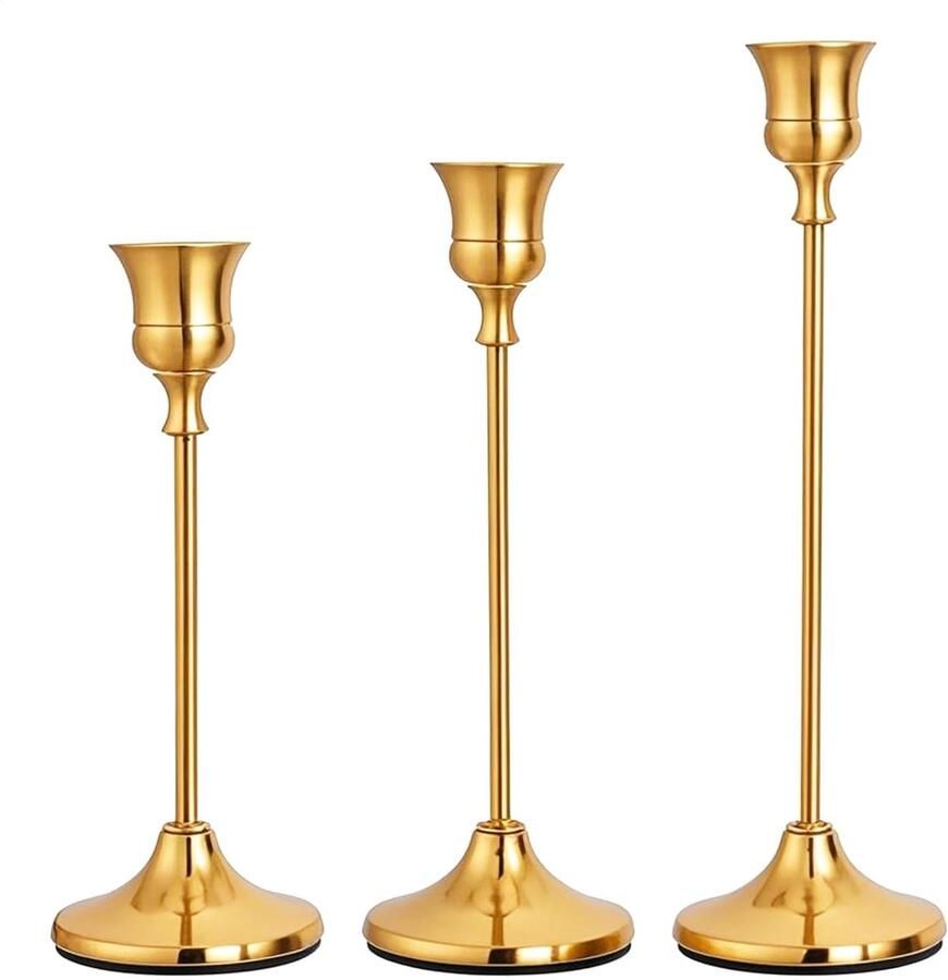 Nee Eenvoudige Kegel Kaarsenstak 3-stuks Set 16cm 19cm 22cm Verschillende Hoogte Kaarsenstand Huisdecoratie Center Ornament Geschikt Voor Eettafel Woonkamer Bruiloft En Festival Decoratie Gouden Kleur