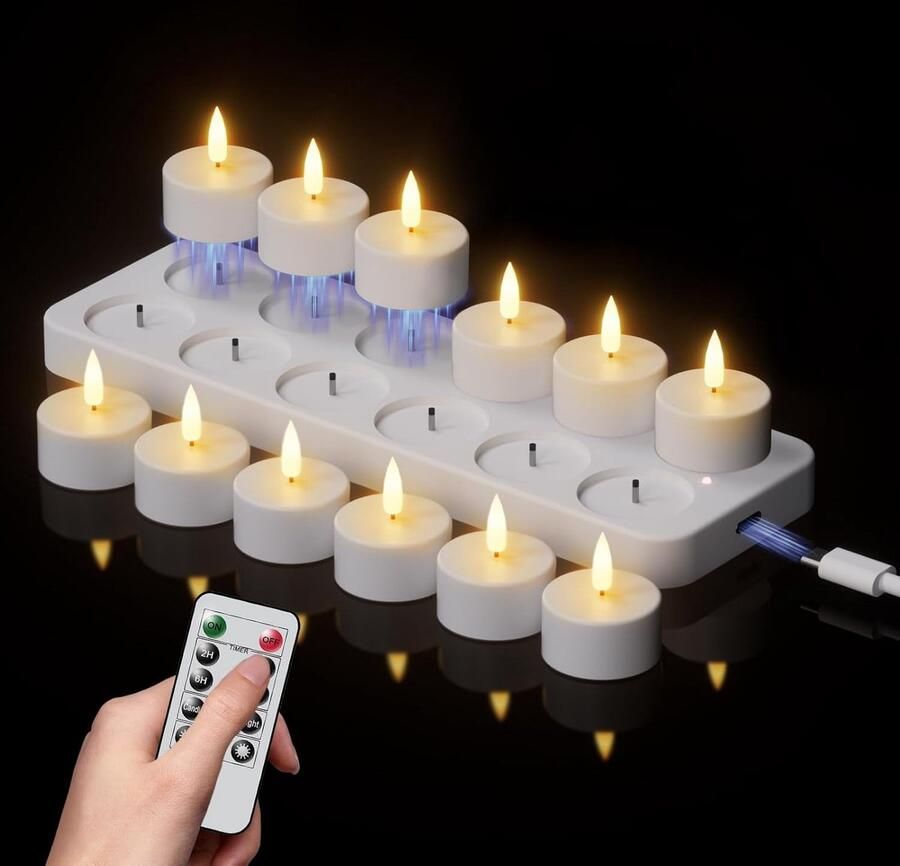 Nee Oplaadbare Theekaars Met Laadbasis En Afstand Timer Vlamloze 12 LED Theekaars Batterij Aangedreven Halloween Herfst Bruiloft Tafel Middenstuk Decoratie