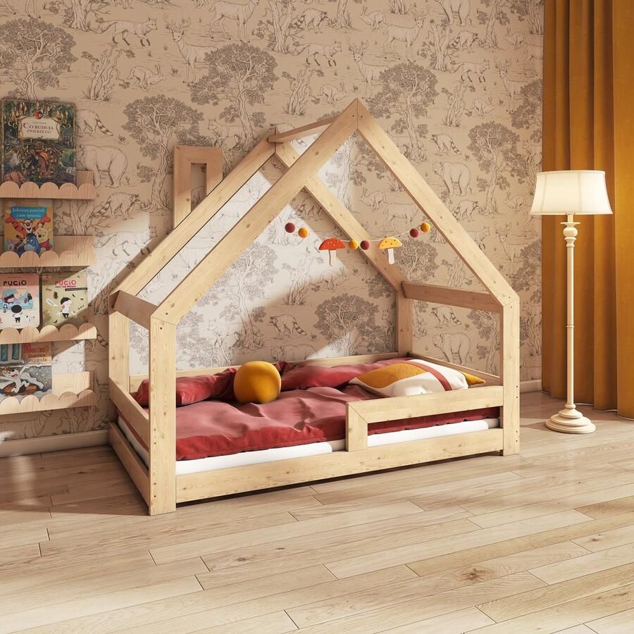Need Sleep Montessori Kinderbed Huisbed Peuterbed met Uitvalbescherming Naturel Hout 70x140 cm met schoorsteen symmetrisch
