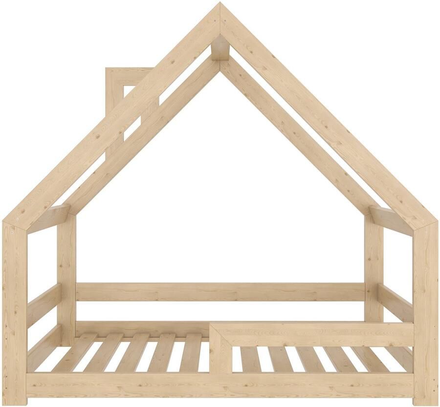 Need Sleep Montessori Kinderbed Huisbed Peuterbed met Uitvalbescherming Naturel Hout 90x180 cm met schoorsteen symmetrisch