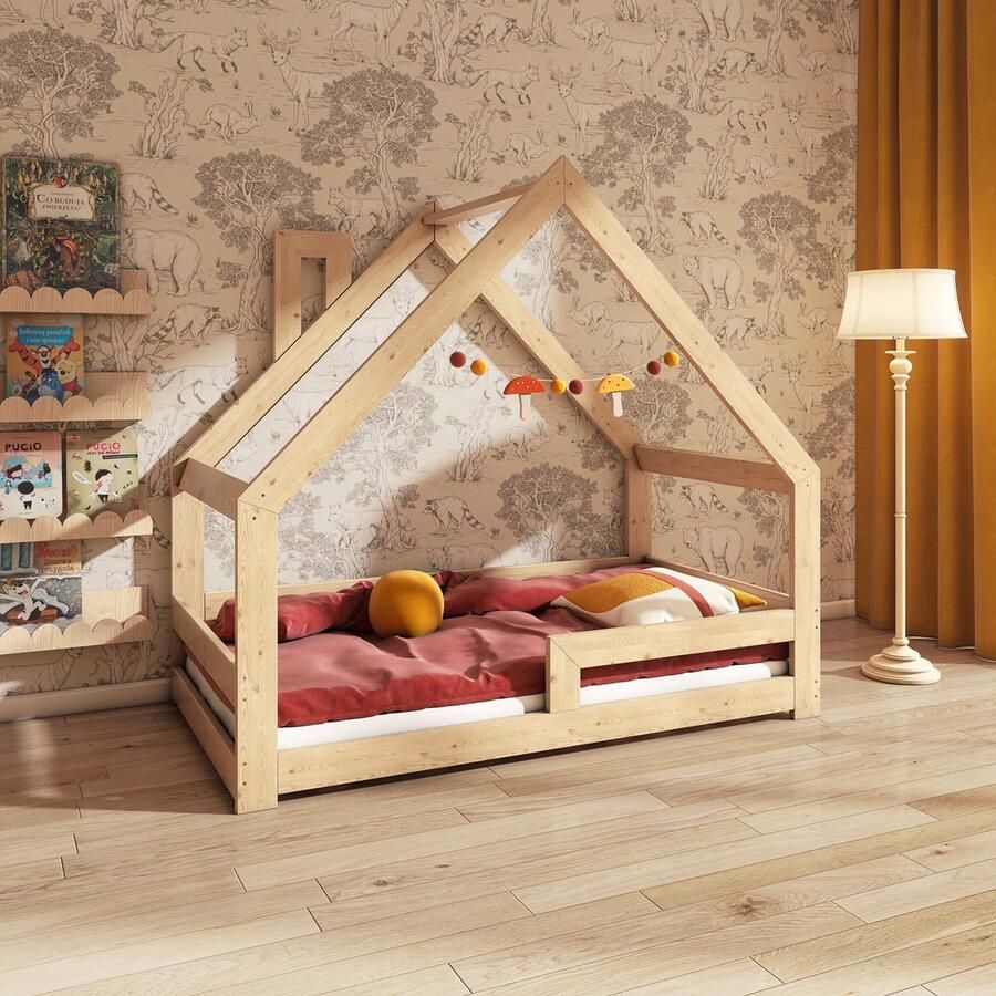 Need Sleep Montessori Kinderbed Huisbed Peuterbed met Uitvalbescherming Naturel Hout 90x200 cm met schoorsteen symmetrisch