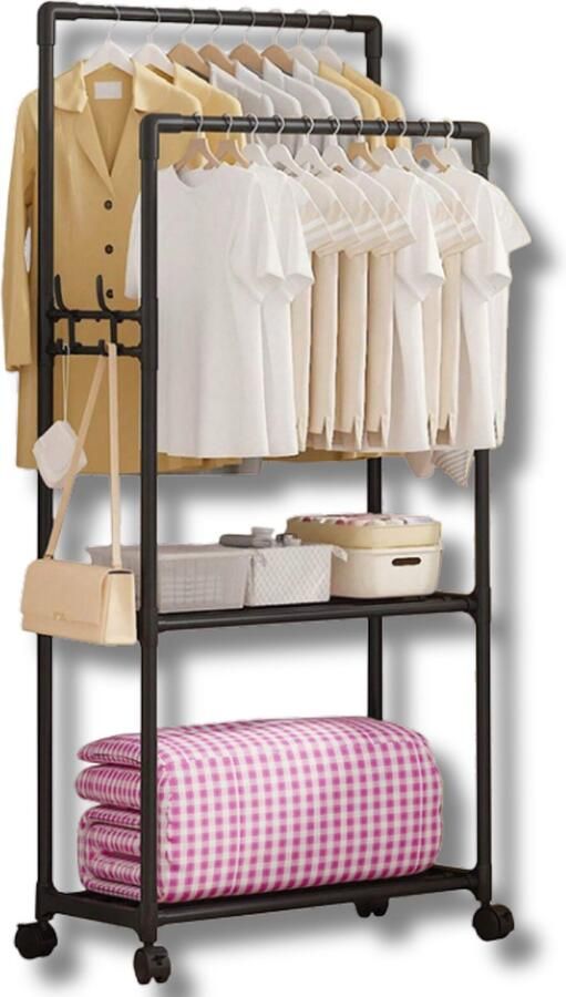 NeeleG Luxe kledingrek op wieltjes Uniek Dubbel Opbergsysteem Kledingrek Metaal Garderoberek Kledingrekken Kledingrek Dubbel Kledingrekje Inclusief 4 Ophanghaken