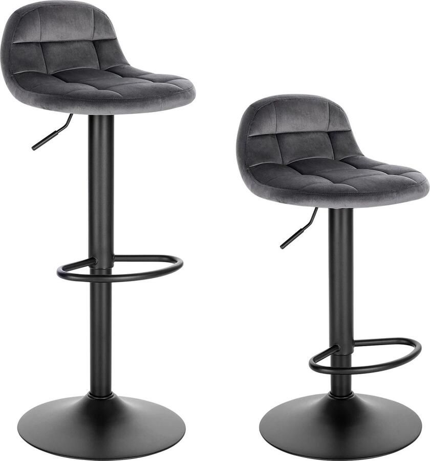 Neos Néos Barstoelen Set van 2 Keukenstoelen met Rugleuning en Voetensteun Fluweel en Metaal Donkergrijs 39x30x76-97cm - Foto 2