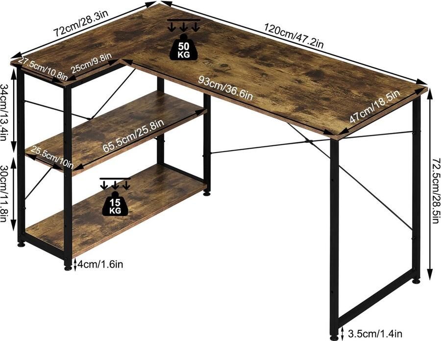 Neos Néos Bureau Hoekbureau Hout en Metaal Vintage Bruin 120x72 5x72cm - Foto 2