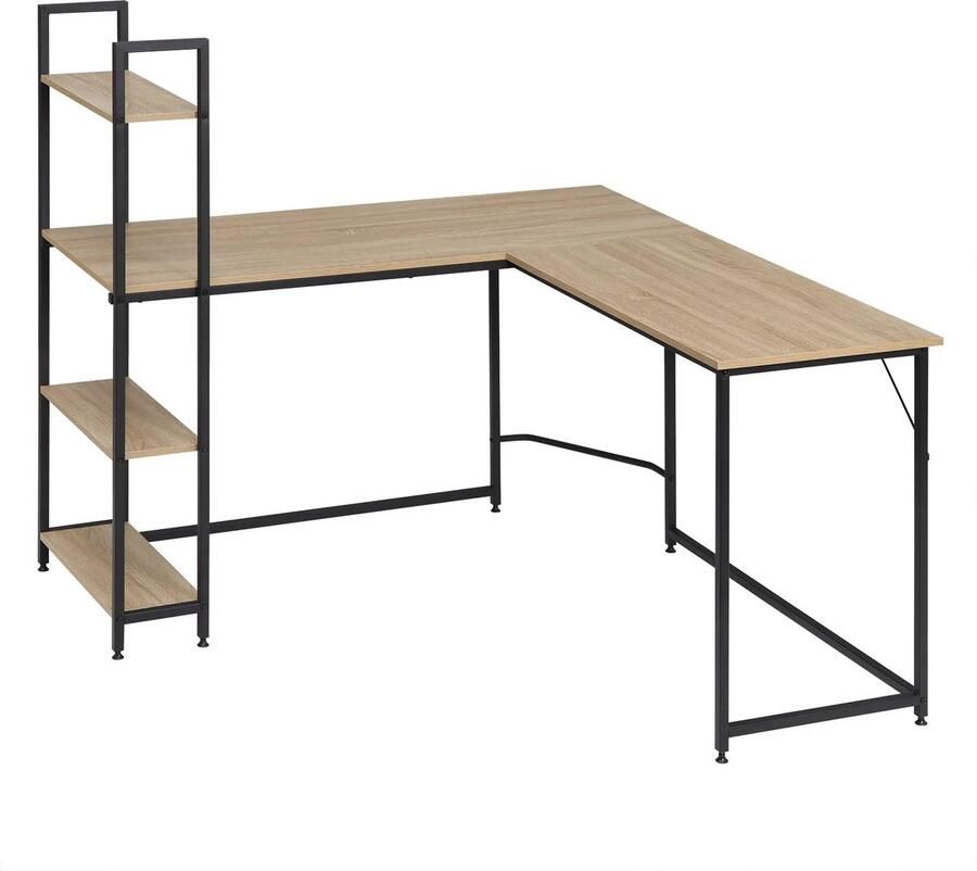 Neos Néos Hoekbureau L-vorm Met 4 Planken Spaanplaat Staal Licht Eiken en Zwart 138x50 & 88x50cm