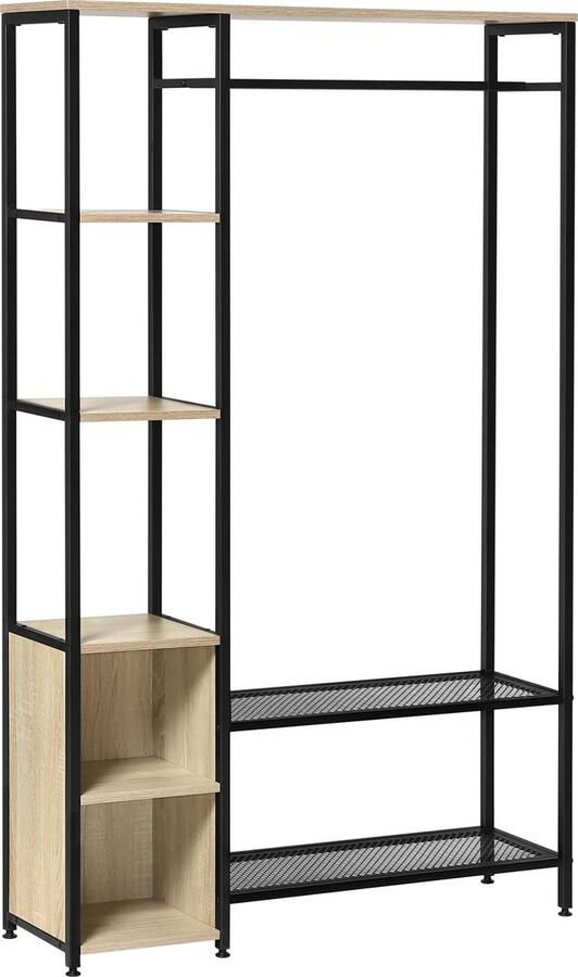 Neos Néos Kapstok Kledingrek 3 Planken en 2 Schoenenrekken MDF en Metaal Kleur Zwart en Licht Eiken 100x30x65 cm