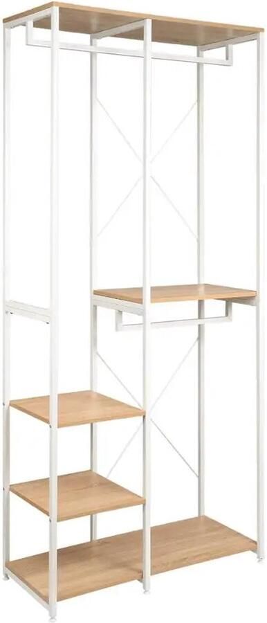 Neos Néos Kledingrek Open Kledingkast Hout en Staal Met Schoenrek en Opbergplanken Wit en Licht Eiken 90x40x204.5cm