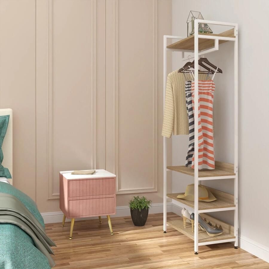 Neos Néos Kledingrek Open Kledingkast Met 3 Planken MDF Staal Licht Eiken Wit 56x36x170cm - Foto 2
