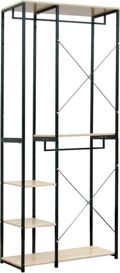 Neos Néos Kledingrek Open Kledingkast Hout en Staal Met Schoenrek en Opbergplanken Zwart en Licht Eiken 90x40x204.5cm