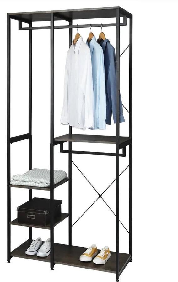 Neos Néos Kledingrek Open Kledingkast Hout en Staal Met Schoenrek en Opbergplanken Zwart en Roest 90x40x204.5cm