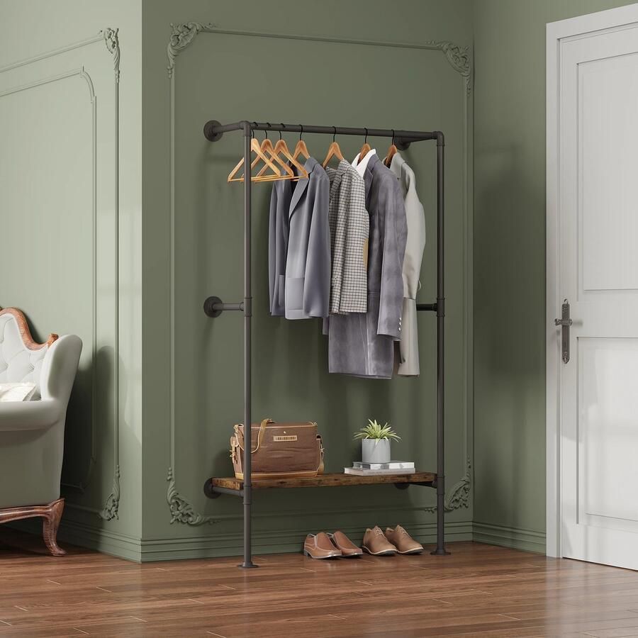 Neos Néos Kledingrek Wandgemonteerd Industriële Stijl MDF Metaal Zwart Vintage Hout 103x30x183.5cm