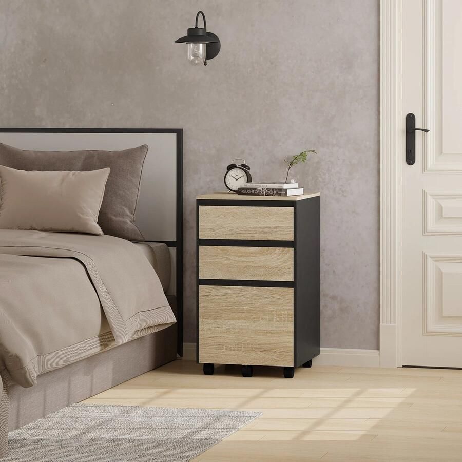 Neos Néos Mobiele Kast Archief Ladeblok 3 Lades Licht Eiken Zwart Hout Metaal 40x70x40cm