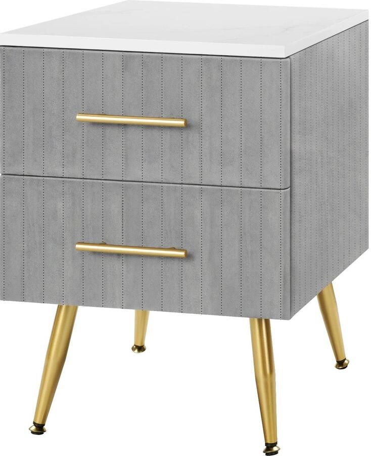 Neos Néos Nachtkastje 2 Laden Grijze Witte Ladekast Fluweel MDF Metaal Grijs 40.5x41x51cm - Foto 2