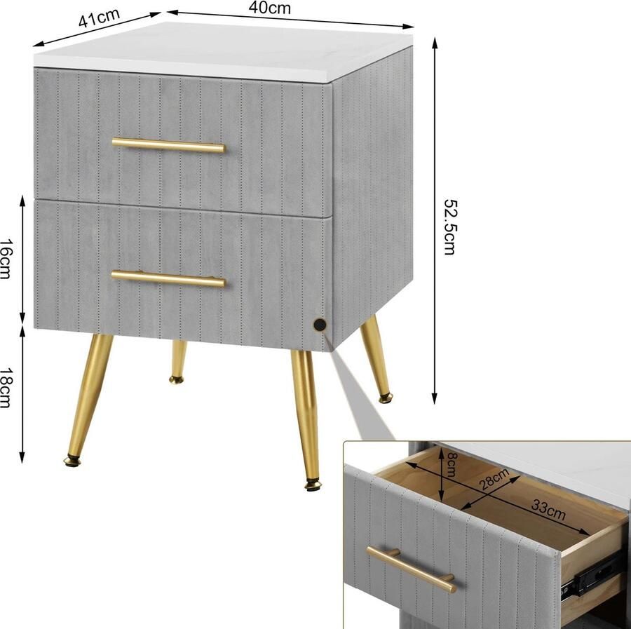 Neos Néos Nachtkastje 2 Laden Grijze Witte Ladekast Fluweel MDF Metaal Grijs 40.5x41x51cm