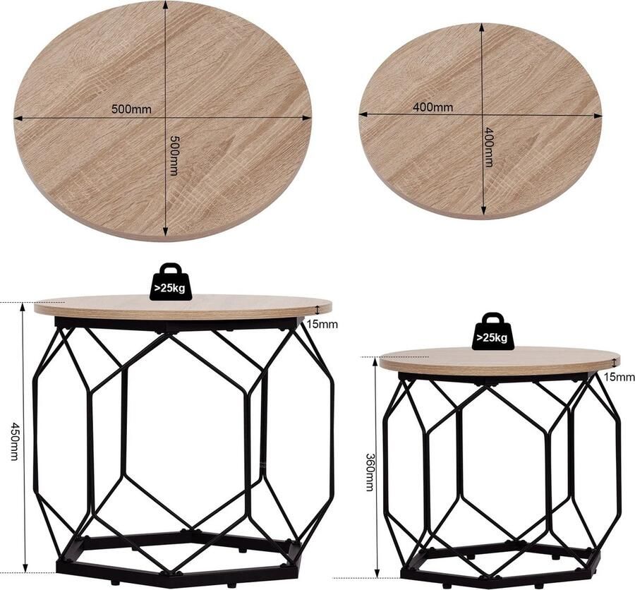 Neos Néos Salontafel Nesting Industrieel Ronde Tafelbladen Licht Eiken Zwart Hout Metaal 50x45x50cm 40x36x40cm - Foto 2