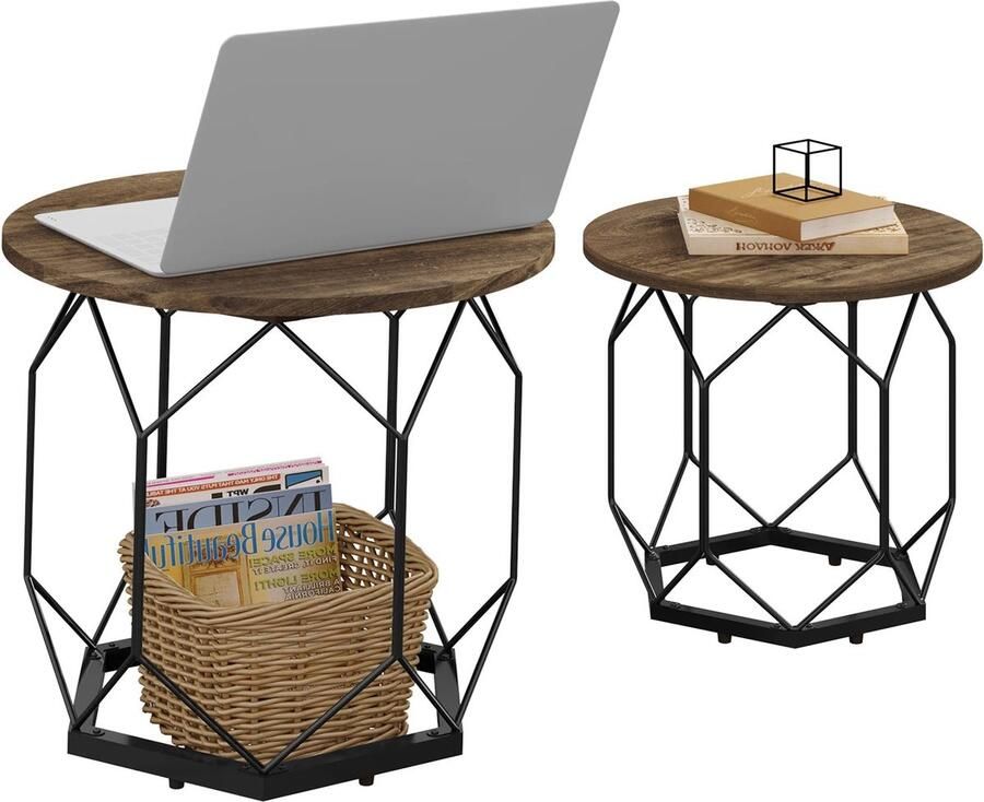 Neos Néos Salontafel Nesting Industrieel Ronde Tafelbladen Vintage Eiken Zwart Hout Metaal 50x45x50cm 40x36x40cm