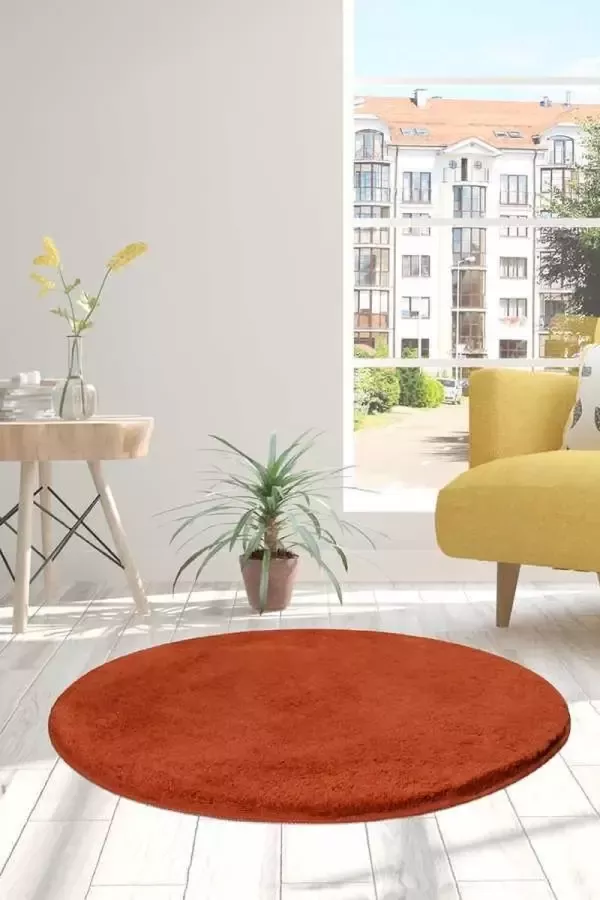 Nerge.be Milano Round Dark Orange 90x90 cm %100 Acrylic Handmade Decorative Rug Antislip Washable in the Machine Soft surface