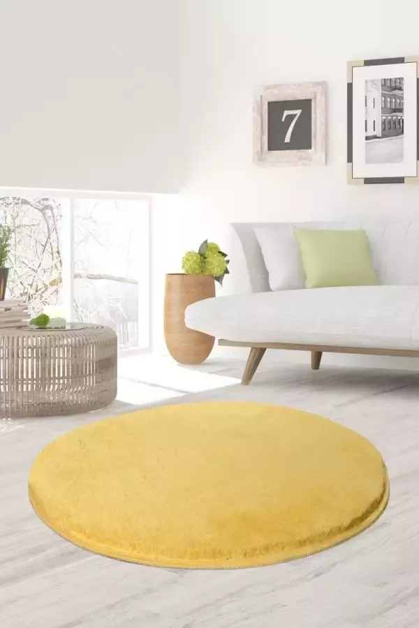 Nerge.be Milano Round Yellow 90x90 cm %100 Acrylic Handmade Decorative Rug Antislip Washable in the Machine Soft surface