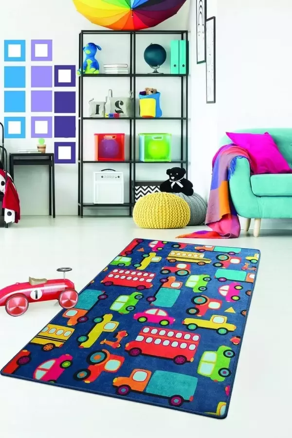 Nerge.be Vloerkleed Kinderkamer Cars Blue Kinderauto's Formule 1 Speelmat Roadmap Speelgoedauto's Slaapkamer Speelkamer woonkamer Racebaan 100 cm X 160 cm Blauw Voor leeftijden 0-12 jaar Wasbaar in de machine