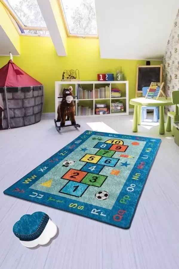 Nerge.be Vloerkleed Kinderkamer Hopscotch Blue 140x190cm Childrens Hinkelen Speelmat Slaapkamer Speelkamer woonkamer 140cm X 190cm Beste kindertapijten voor spelen Voor leeftijden 0-15 jaar Wasbaar in de machine