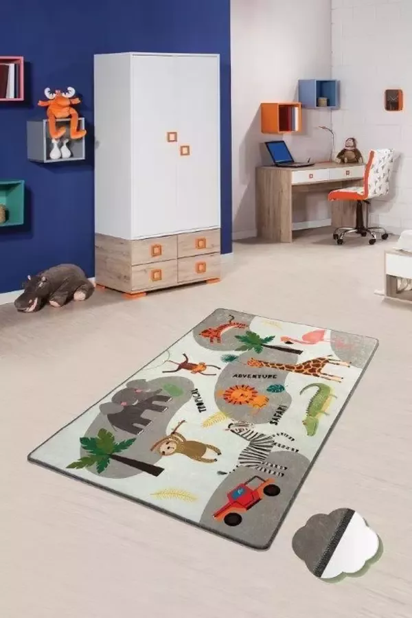 Nerge.be Vloerkleed Kinderkamer Speelkamer Tapijt Motief Safari Wasbaar Tapijt 100x160 cm