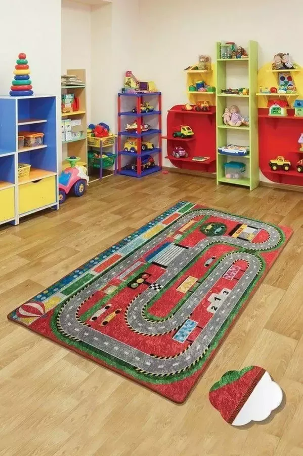 Nerge.be Vloerkleed Kinderkamer Station Kinderstations Formule 1 Speelmat Roadmap Speelgoed Auto's Slaapkamer Speelkamer woonkamer Racebaan 140cm x 190cm Beste kindertapijten voor spelen Rood Voor leeftijden 0-15 jaar -Wasbaar in de machine