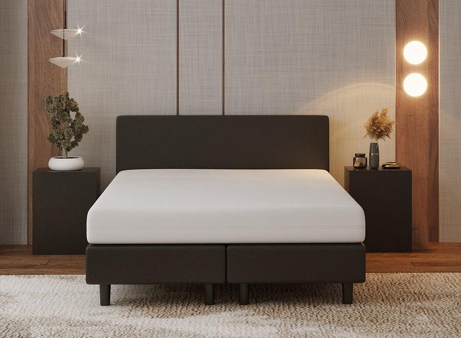 Nessa 140x200 Boxspring Bjorn Zwart PU Skin Leder Inclusief 20cm dik HR45 Koudschuim Comfort matras