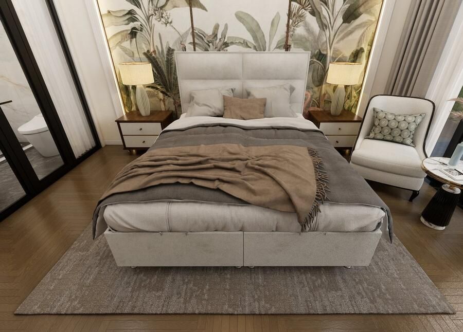 Nessa Opbergruimte Boxspring Block 160x200 Creme Velvet Inclusief Orthopedisch Pocketvering Matras 500m2 veren