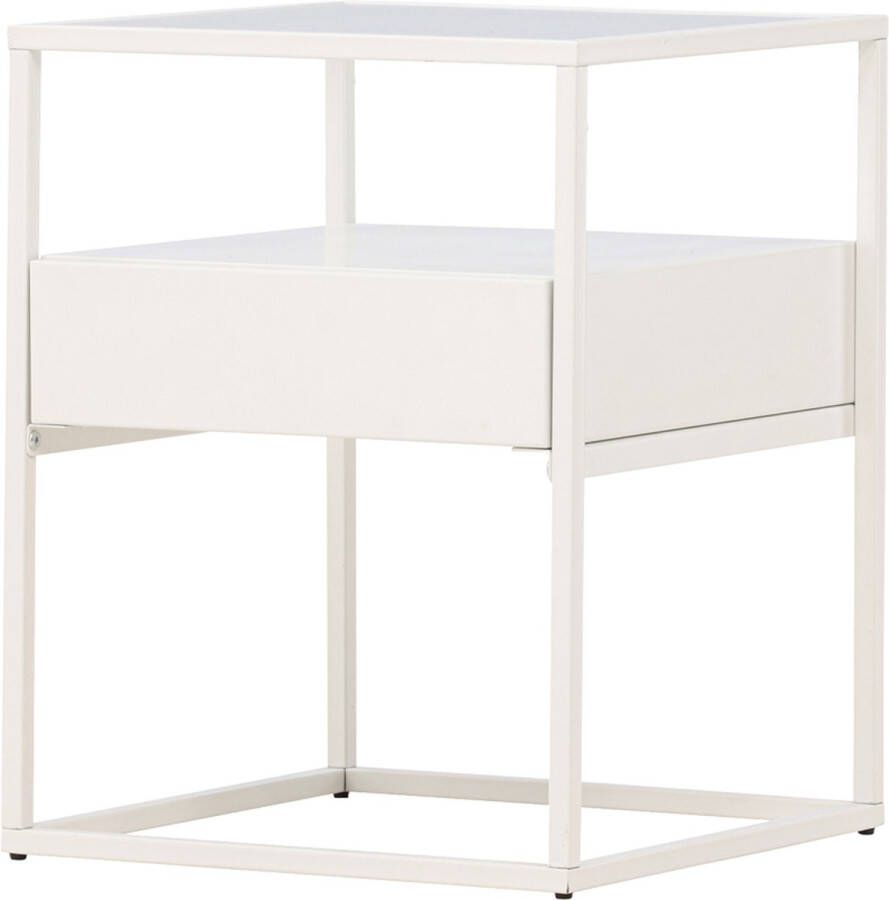Nest living Dinand Bijzettafel Metaal met Lade Nachtkastje met Opbergruimte Modern Industrieel Slaapkamer Wit 40 x 40 x 51 cm