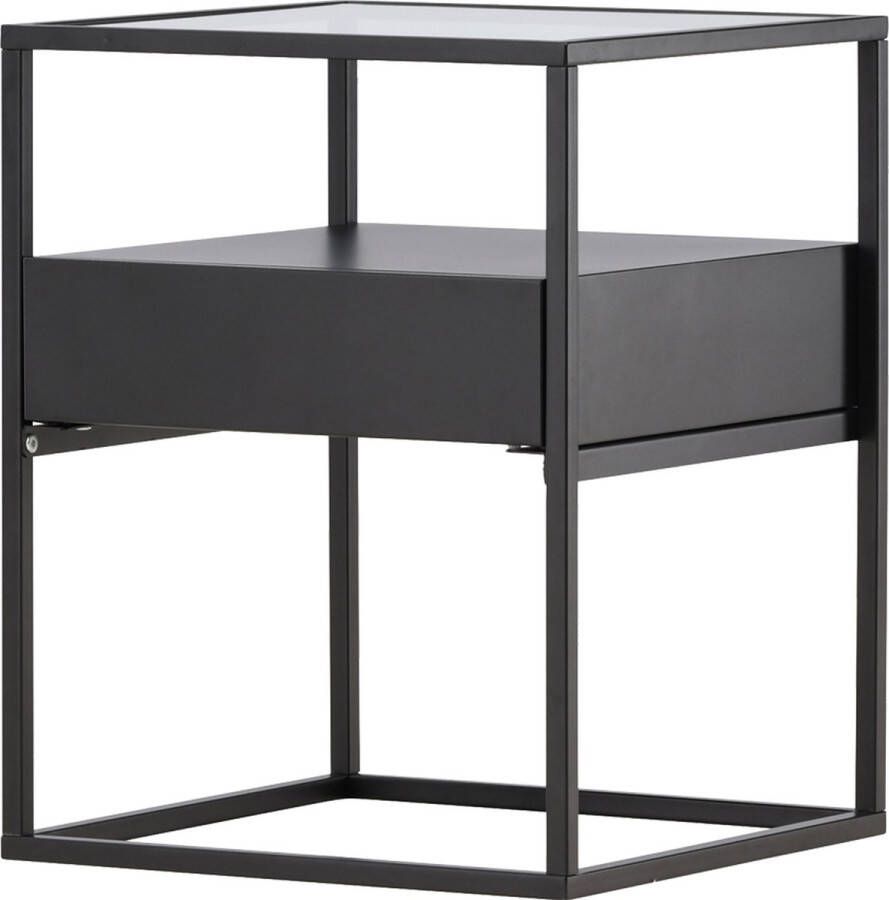 Nest living Dinand Bijzettafel Metaal met Lade Nachtkastje met Opbergruimte Modern Industrieel Slaapkamer Zwart 40 x 40 x 51 cm