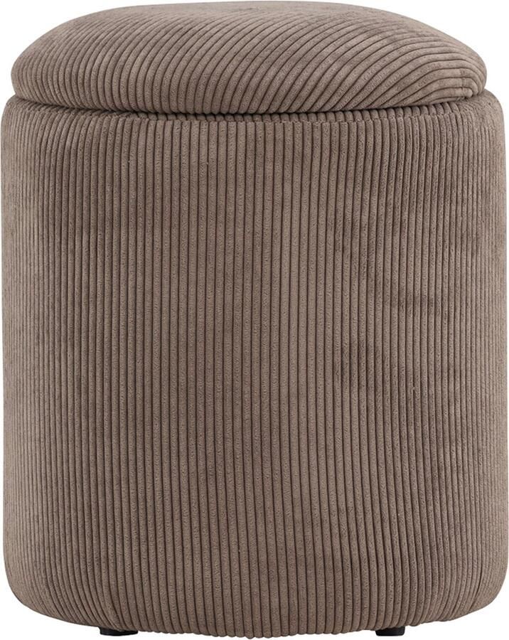 Nest living Ilja Ronde Poef Ribstof met Opbergruimte Rond met Deksel Lichtbruin Ø 32 cm