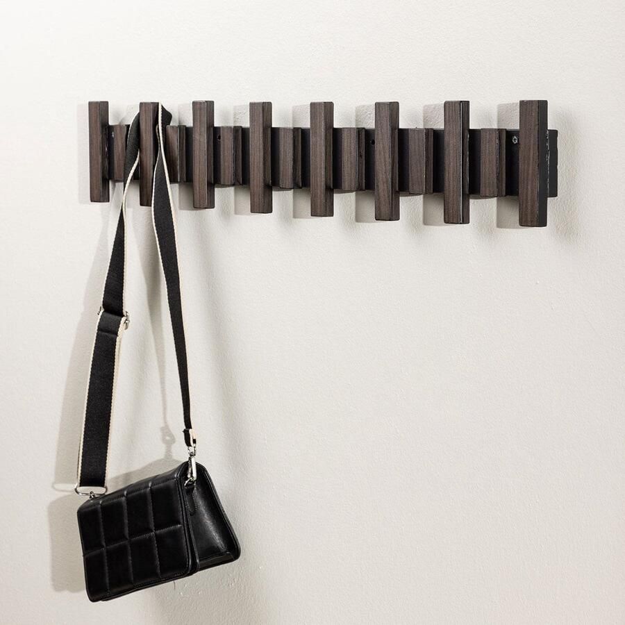 Nest living Karsten Wandkapstok Donkerbruin Hout met 8 Haken Kapstok Hal Muurkapstok 75 x 13 x 3.5 cm