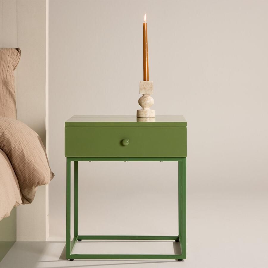Nest living Lewis Nachtkastje Groen Metaal Met Lade Industrieel Modern 43 x 41 x 50 cm