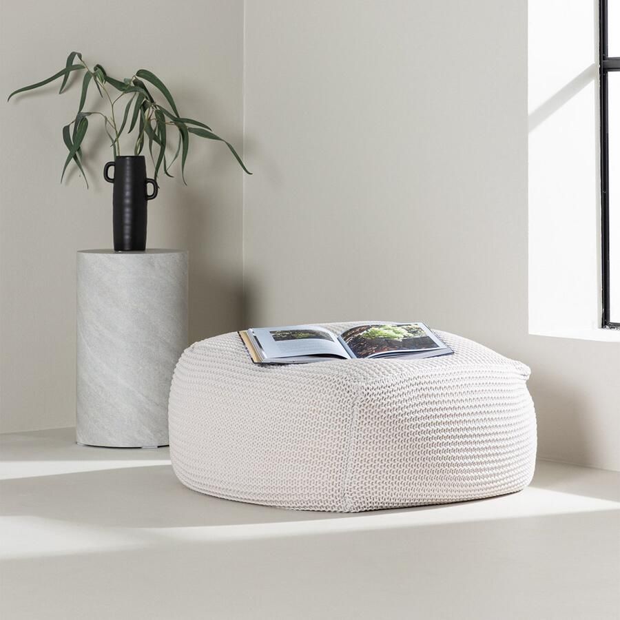 Nest living Lianne Gevlochten Ronde Poef Crème Voetenbank Hocker Gebroken wit Off White Stof Ø 60 cm