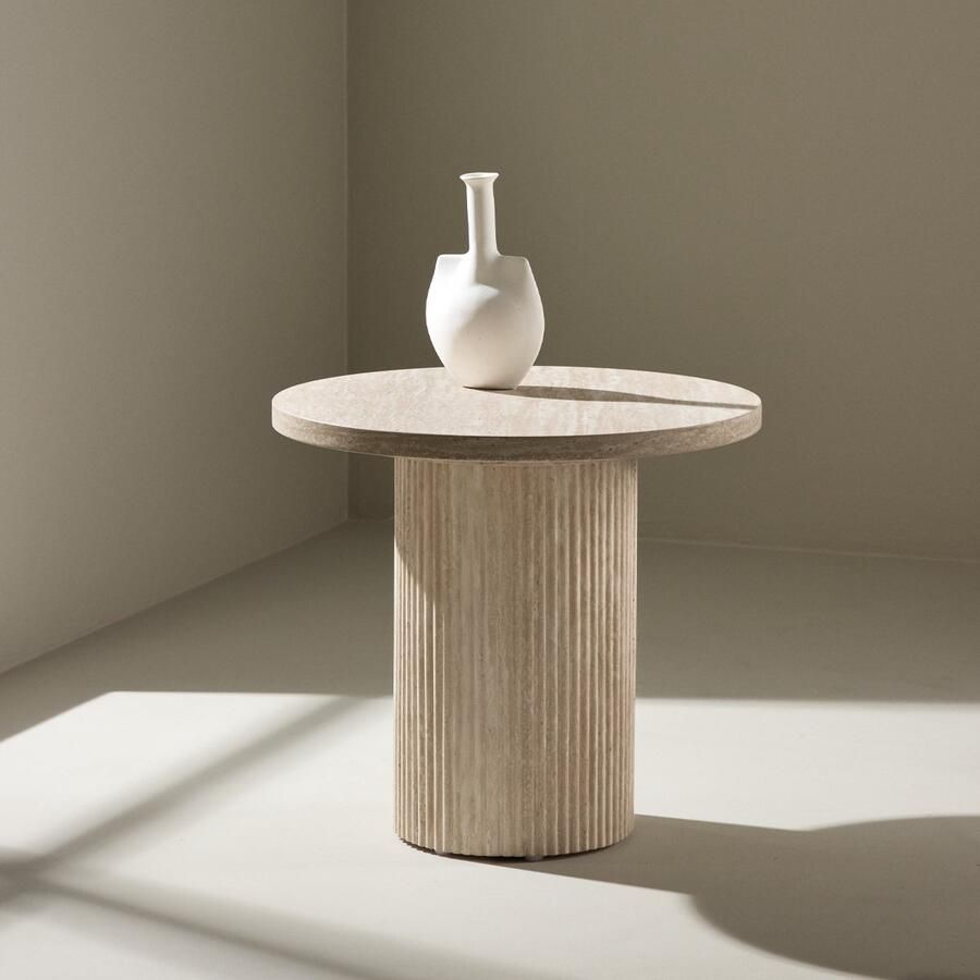 Nest living Nohr Ronde Salontafel Beige Ø 50 cm Hout Modern Scandinavisch Ronde Bijzettafel Travertine