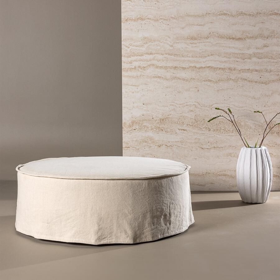 Nest living Odette Ronde Linnen Poef Beige Voetenbank Hocker Katoen Ø 101 cm