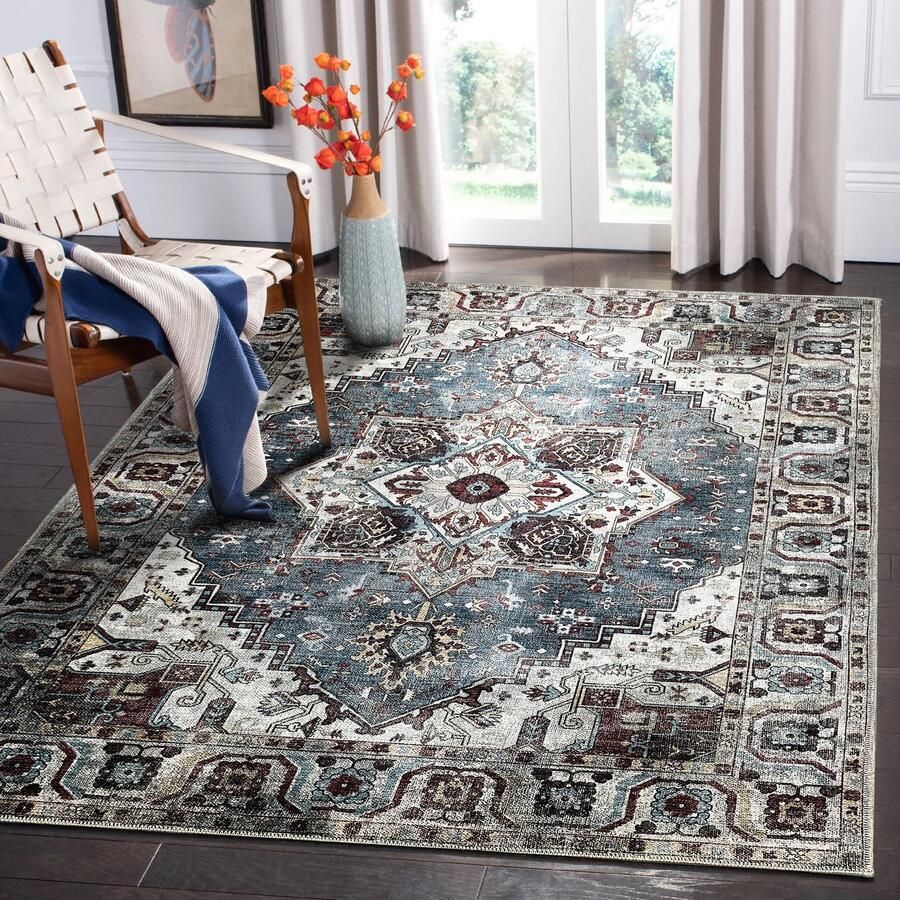 Netline Home Vloerkleed Woonkamer Wasbaar Antislip Vloerkleed Van Geweven Katoen Vintage Boho Vloerkleed voor Slaapkamer Keuken Hal en Salon (Blauw Rood 160 x 230 cm)