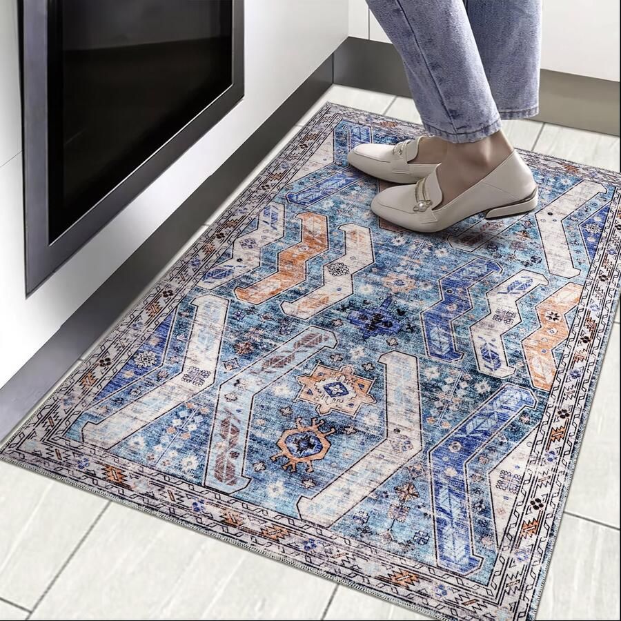 Netline Home Vloerkleed Woonkamer Wasbaar Vloerkleed Antislip van Geweven Katoen Vintage Boho Vloerkleed voor Slaapkamer Keuken Hal en Salon (Groen 60 x 90 cm)