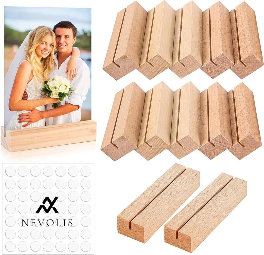 Nevolis 10 stuks platte houten kaarthouders multifunctionele kaarthouder fotohouder eenvoudige kaarthouder tafel feestmenukaarthouder met dubbelzijdige lijm stabiele tafelkaarthouder voor tafeldecoratie houten kaarthouder