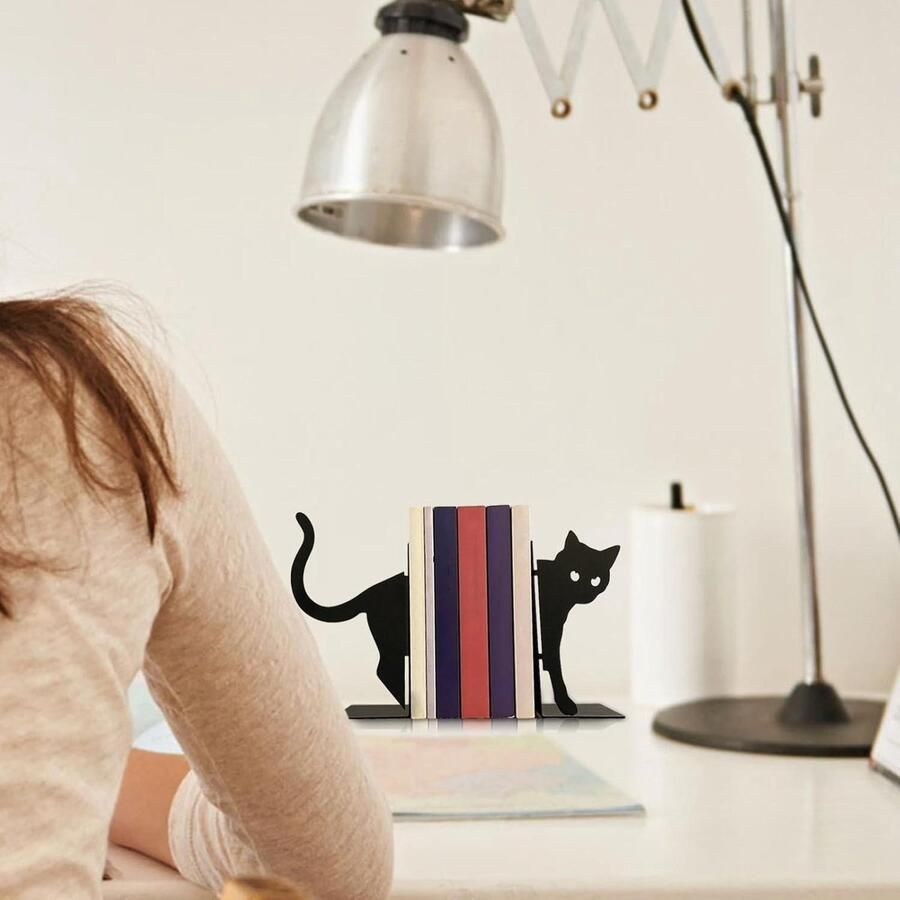 Nevolis Cat Bookshelf Holder Cat Bookends Shelves 1 Pair Unique Bookends to Hold Books Creative Black Metal Cute Cat Shape Heavy Duty Book Stopper - Foto 2