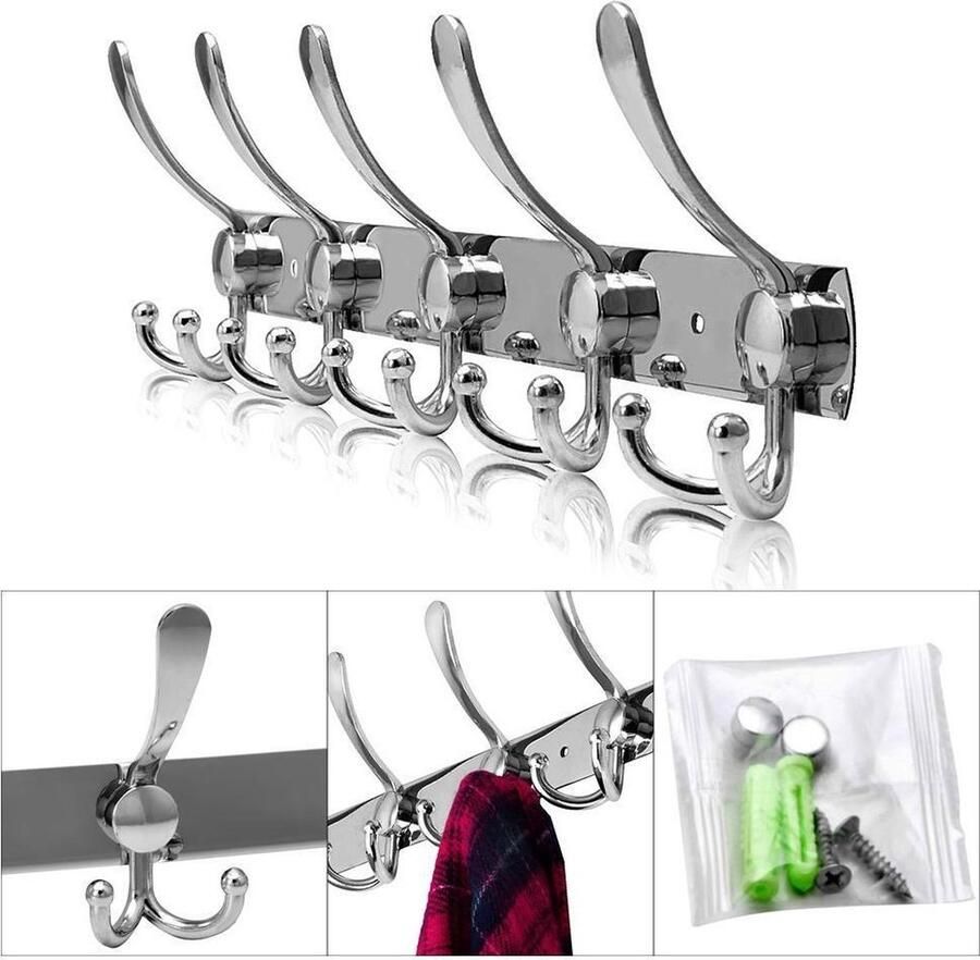 New Age Devi Wandkapstok met 15 RVS haken voor een opgeruimde en stijlvolle ruimte inclusief bevestigingsmateriaal en zilverkleurige wandhaken