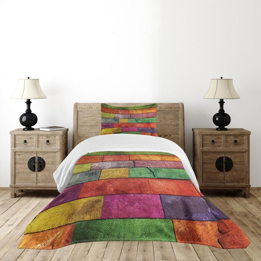 New Bed Abstract Regenboog Houtkunst Print Bedsprei Set met 2-delige decoratieve bedsprei en een kussensloop