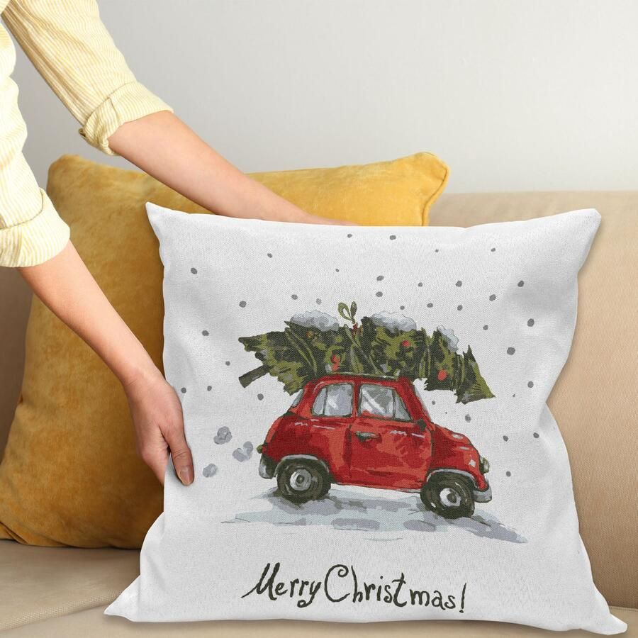 New Bed Kerstmis Retro auto met boom Decoratieve Kussenhoes met Rits Dubbelzijdige Print voor Woonkamer Upgrade 60cm x 60cm