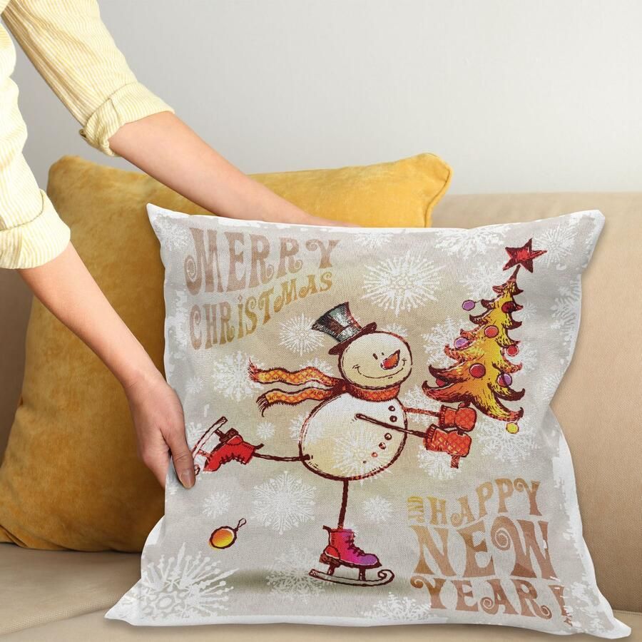 New Bed Kerstmis Schaatsende vrolijke sneeuwpop Decoratieve Kussenhoes met Rits Dubbelzijdige Print voor Woonkamer Upgrade 40cm x 40cm