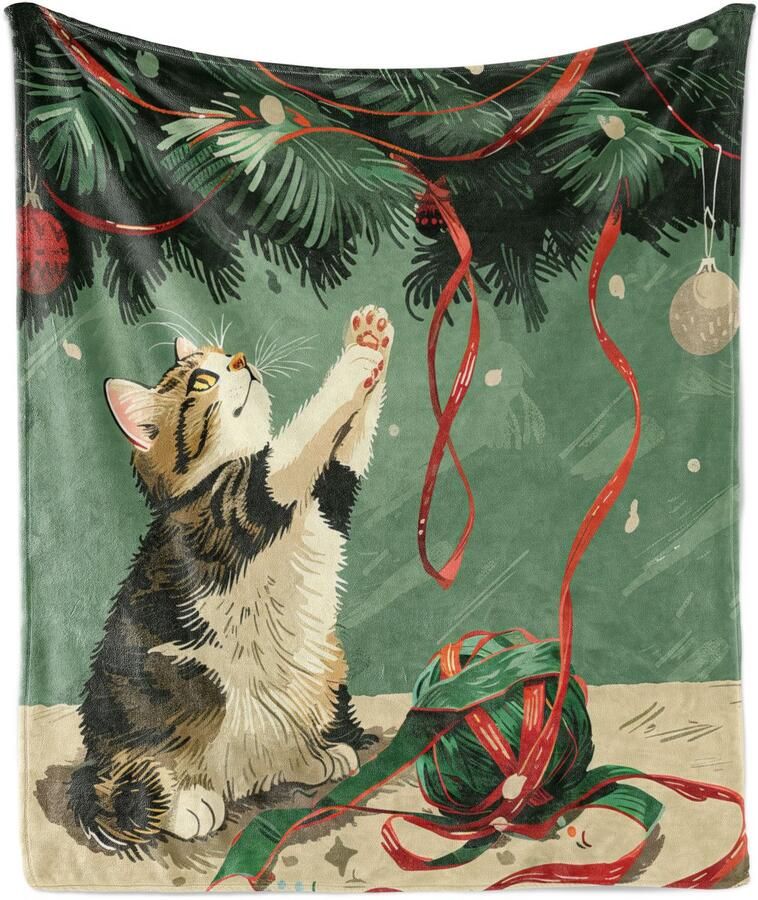 New Bed Kerstmis Schattige kat onder de boom Zachte Flanellen Fleece Deken 200 cm x 153 cm