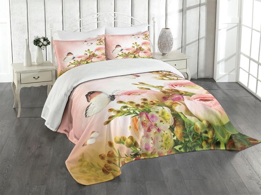 New Bed Vlinder Bloeiende Vrouwelijke Rozen Bedsprei Set met 3-delige decoratieve bedsprei en 2 kussenslopen